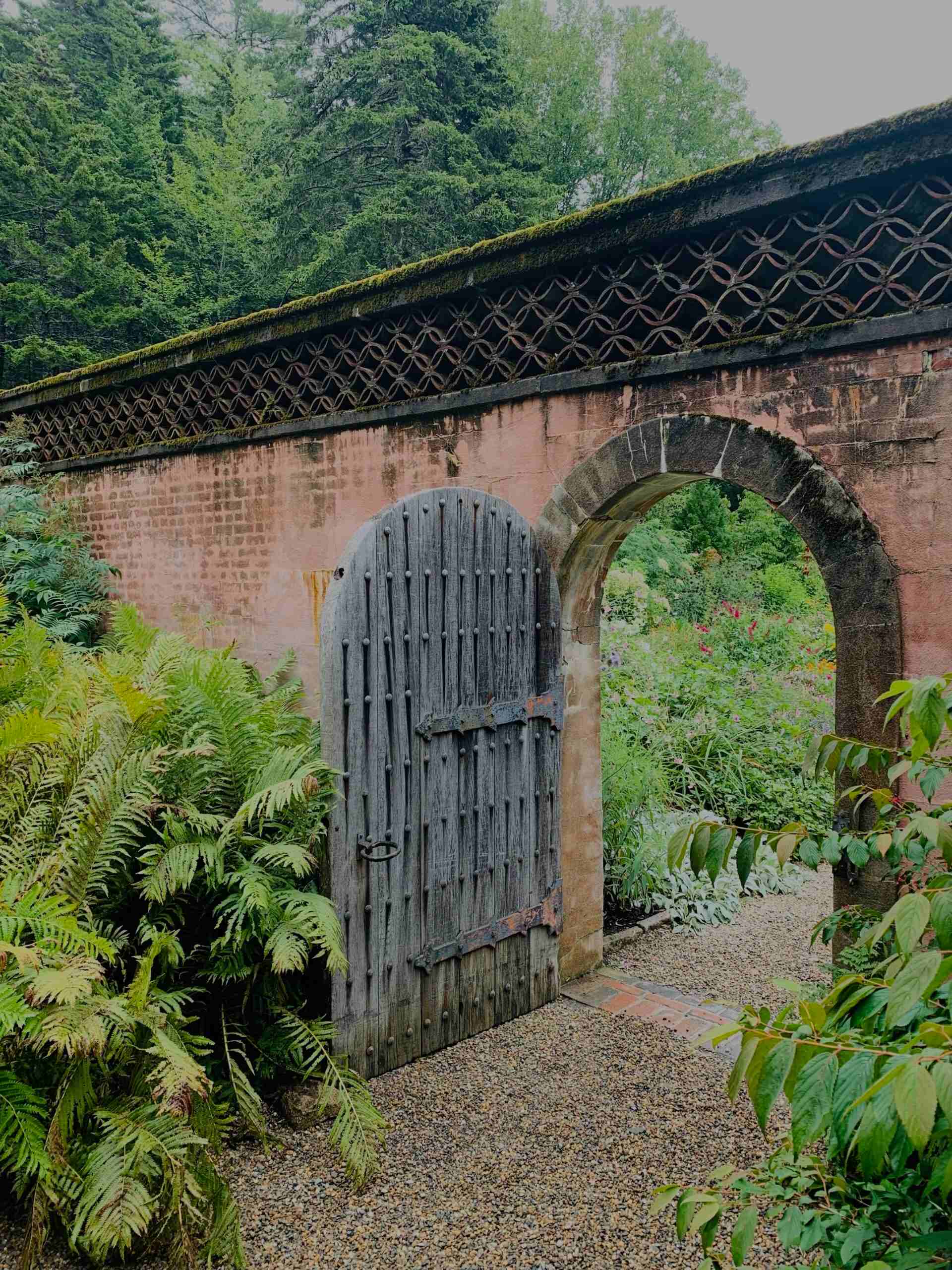 A wooden door in the middle of an archway.